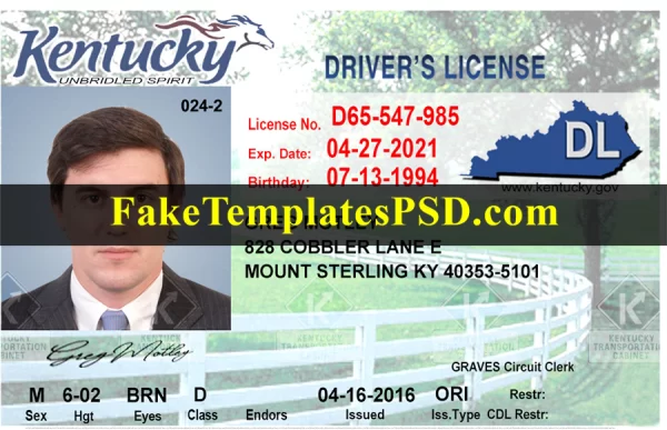 Kentucky Drivers License Template PSD