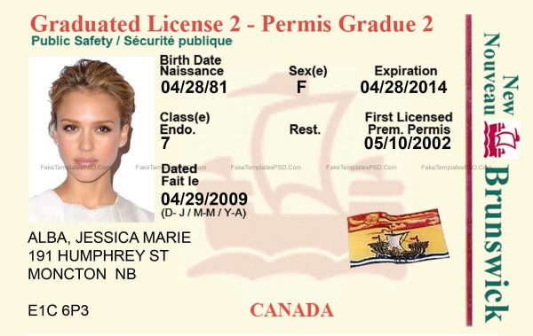 Brunswick Canada Driver License Template