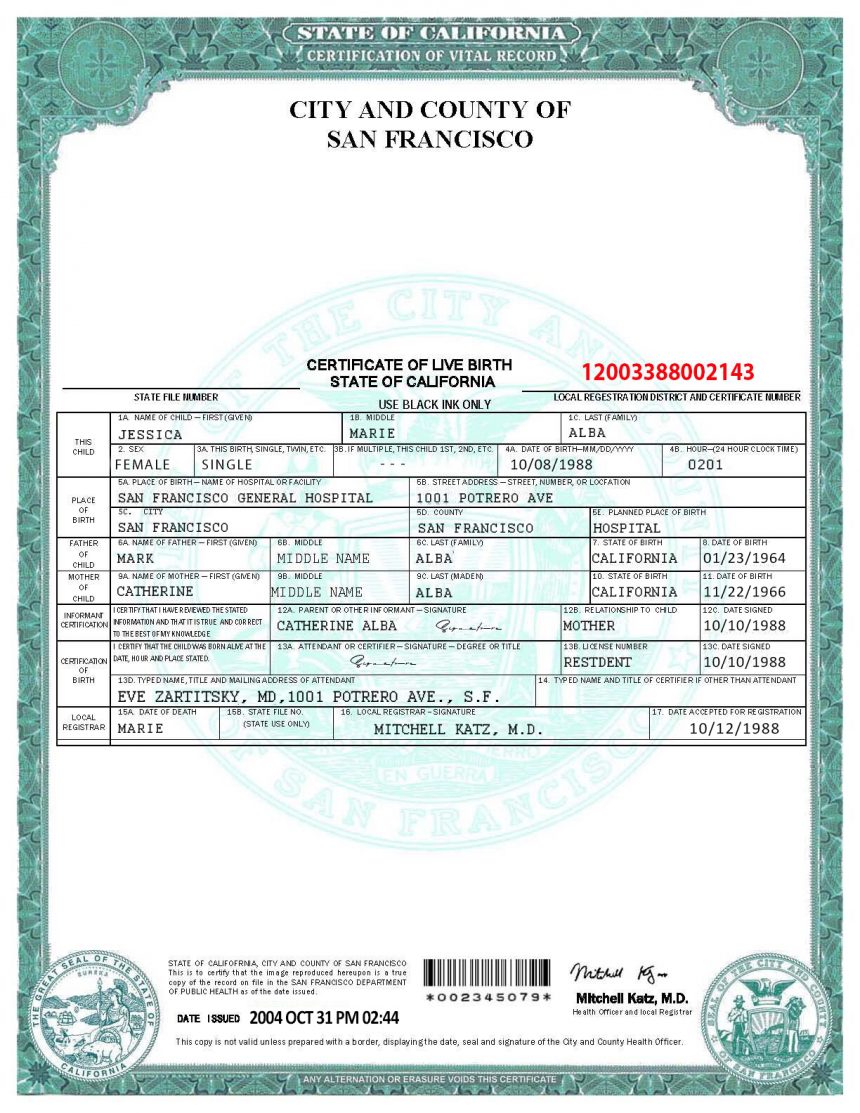 California Birth Certificate Template PSD [CA Child Identity] 2023