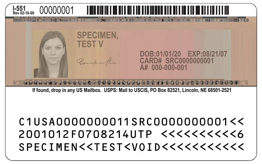 US Permanent Resident Template Back
